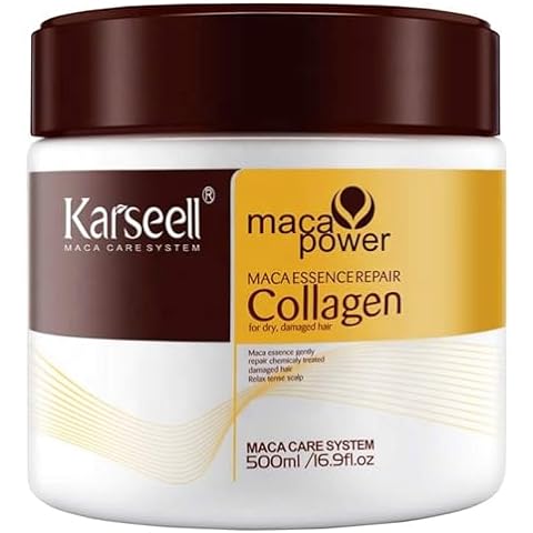 Karseell Maca Power Collagen Hair Mask in 100ml container, featuring creamy texture and packaging with product label visible.