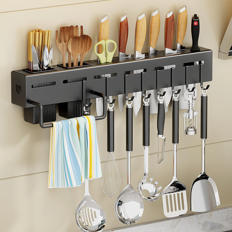 Stainless steel kitchen floating shelf with wall mount knife holder, ideal for organized home decor and kitchen storage.