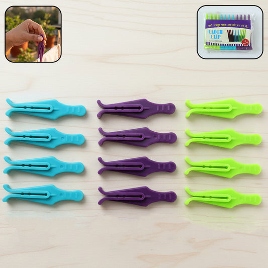 Set of 12 Wukusy premium plastic cloth drying clips with strong grip for laundry, arranged on a clothesline.