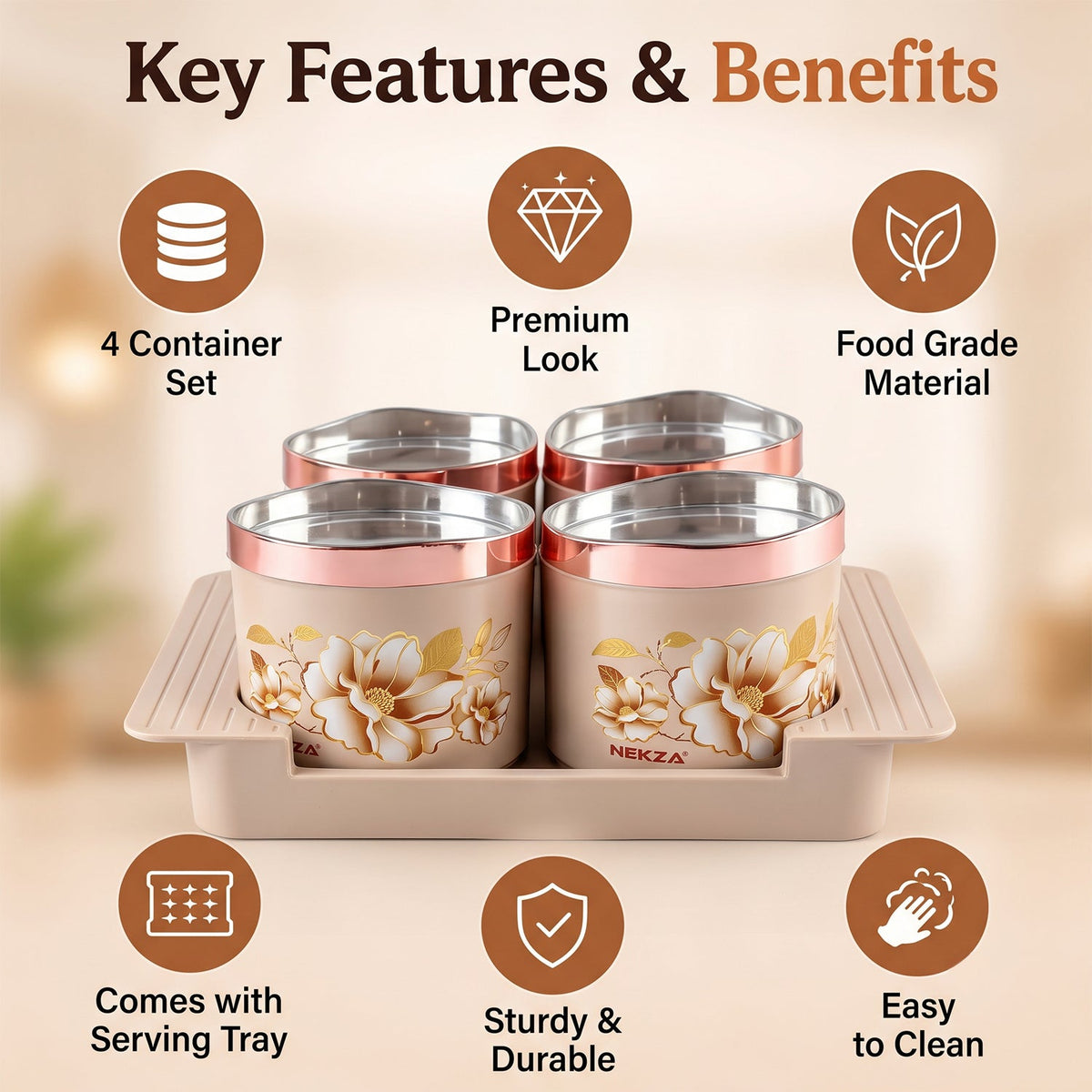 Set of four Wukusy golden dry fruit containers with stainless steel bowls and serving tray, perfect for storing and serving dry fruits.