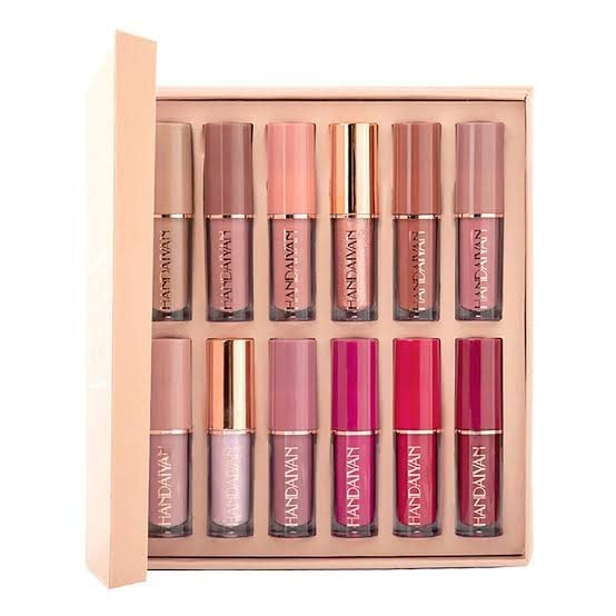 Set of 12 Drpshippr liquid matte lipsticks with various shades, displayed in a row for beauty and personal care.