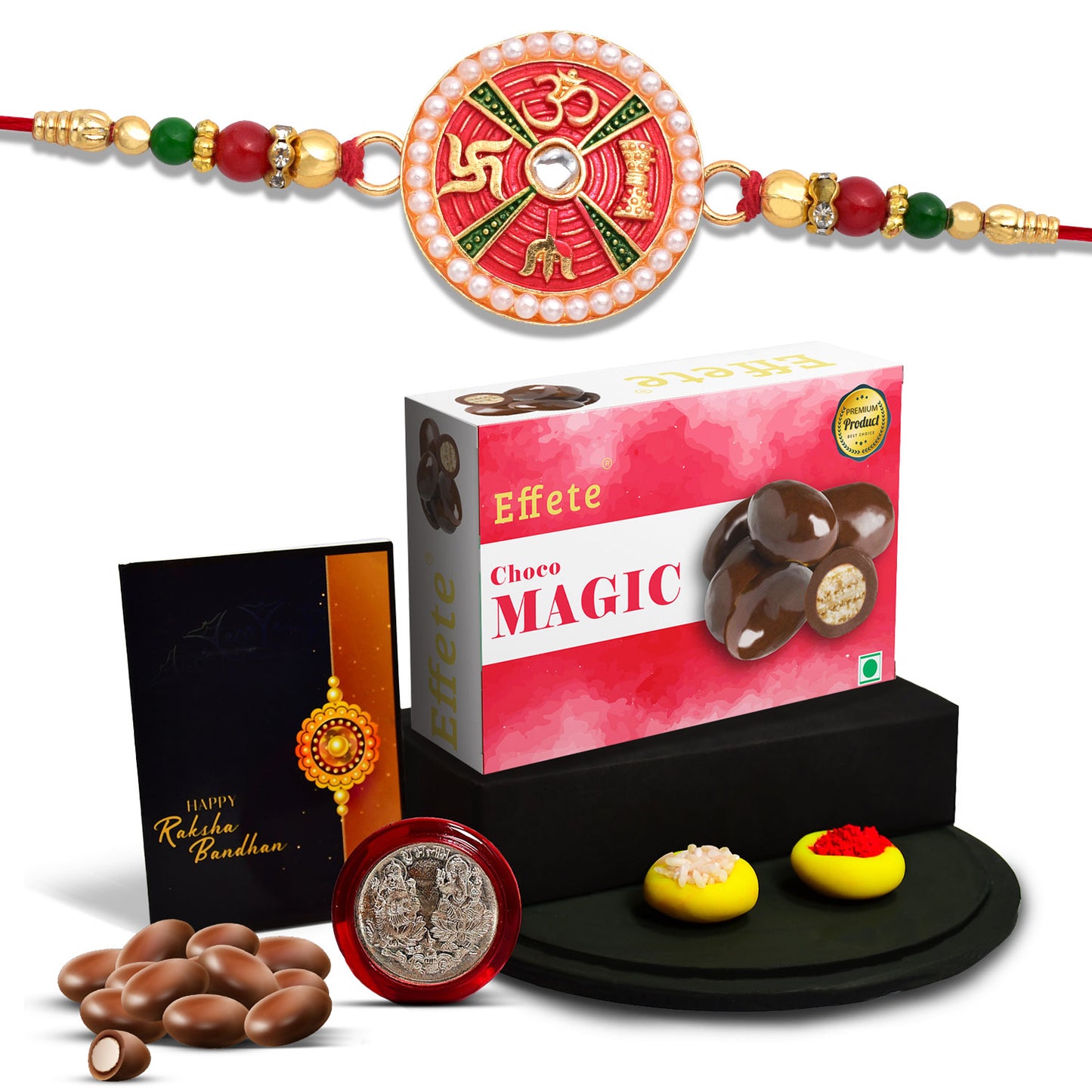 Premium Rakhi Gift Hamper With Choco Magic Greeting Card Silver Coin Roli-chawal
