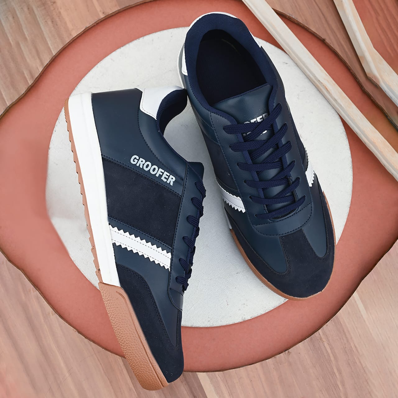 Men's navy blue Zinger Scobie leather football shoes, sports footwear by Drpshippr, featuring sleek design and durable leather material.