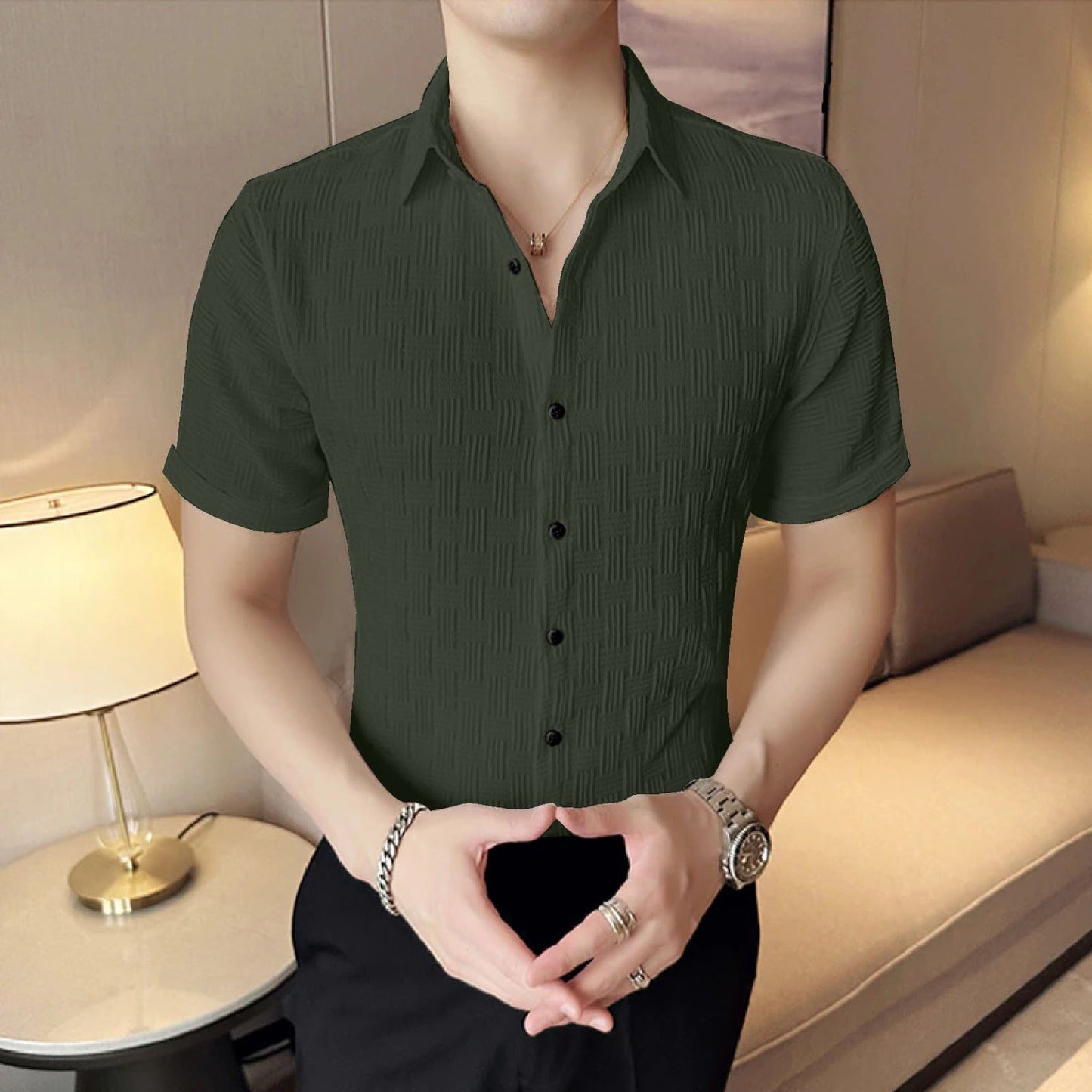Men Regular Fit Shirt with Spread Collar