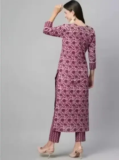 Women’s Cotton Kurti Set with Bottomwear – Purple Kurta & Maroon Pants, Three-Quarter Sleeves, Printed Floral, Daily Wear