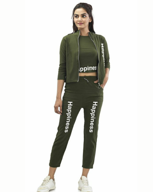Green women's track suit set with matching jacket, pants, and top from Drpshippr's trendy men's collection, casual athletic wear.