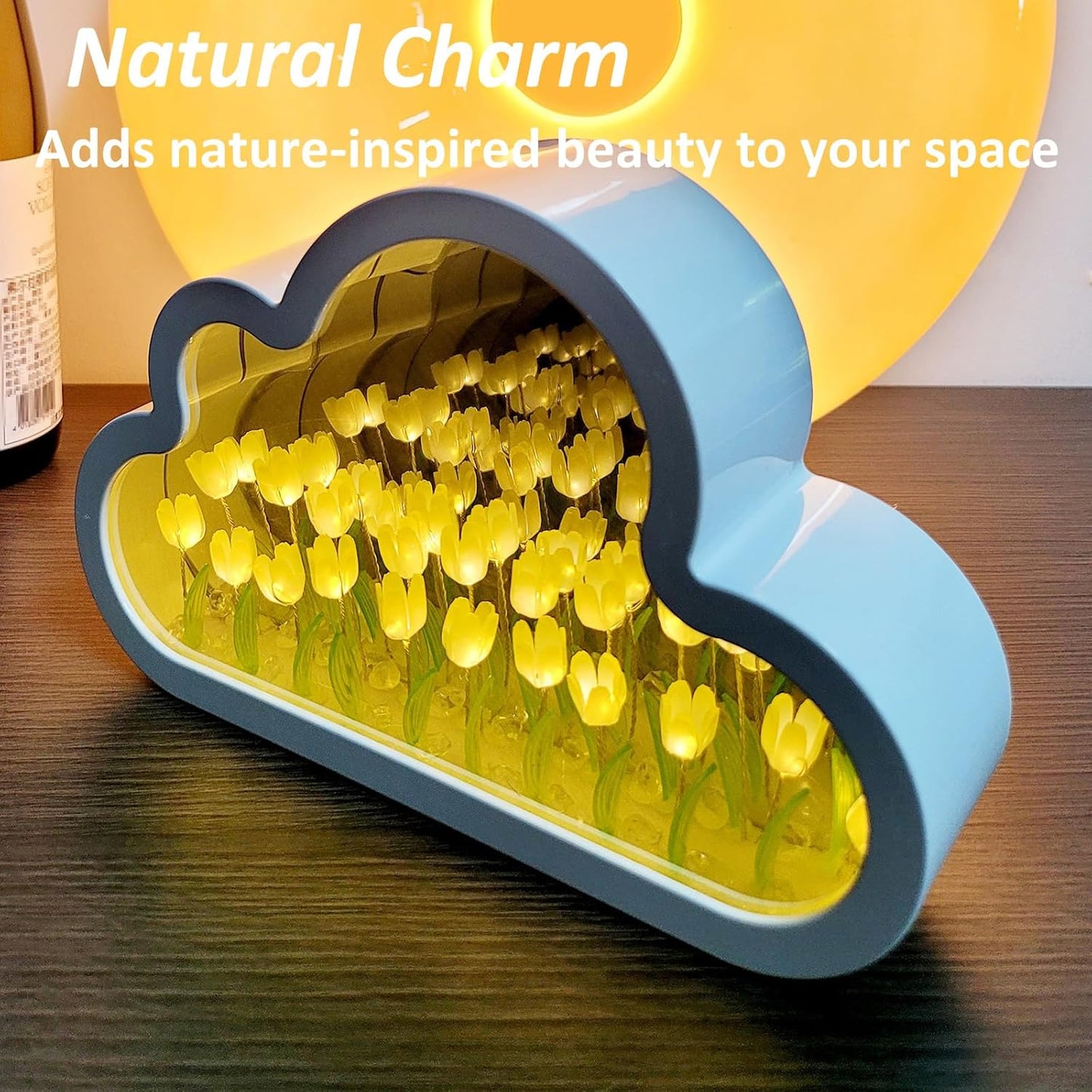 Cloud-shaped night light with mirror and tulip design, decorative table lamp for home decor and ambient lighting.