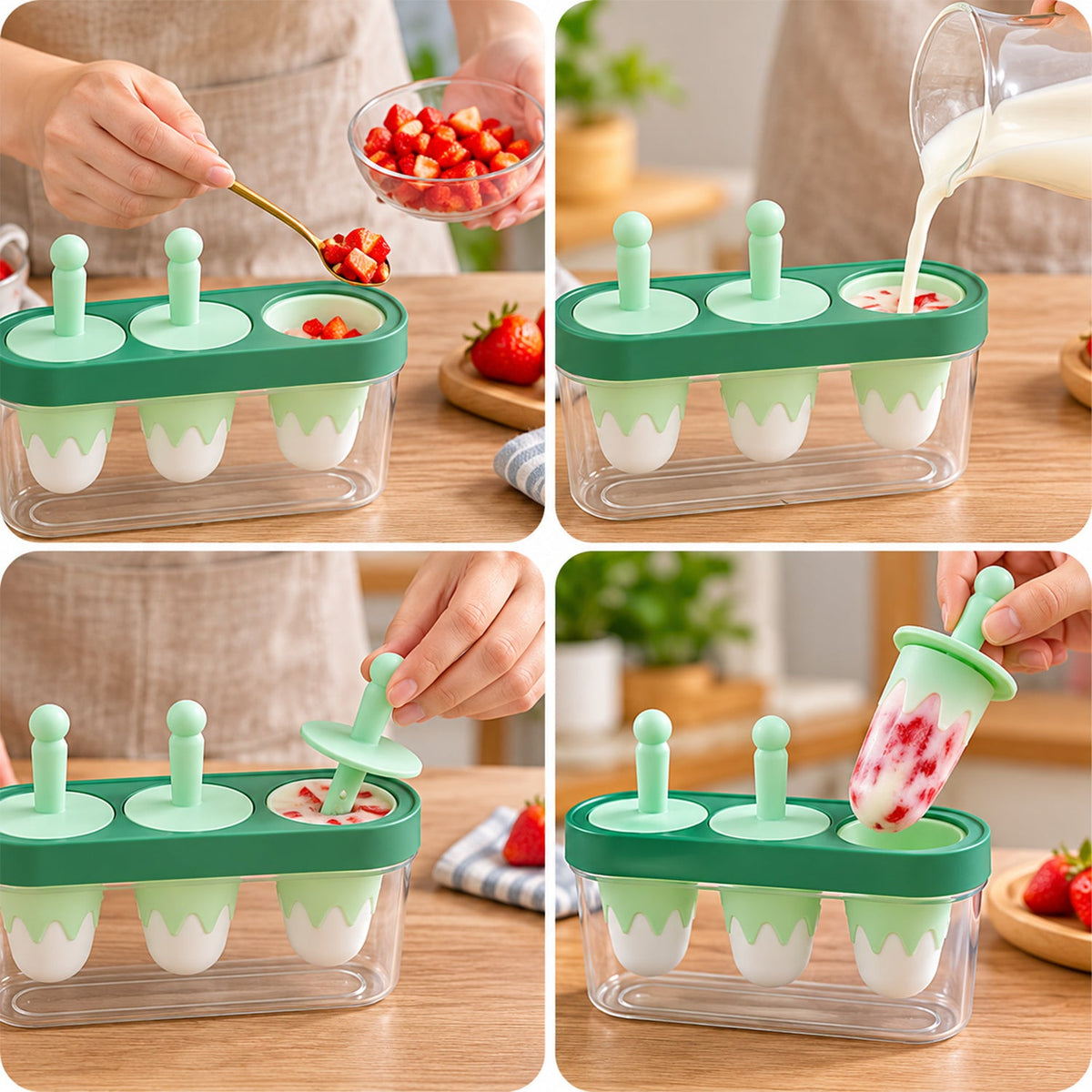Wukusy ice cream candy popsicle maker with four molds and reusable sticks in a clear plastic container, ready for making frozen treats.