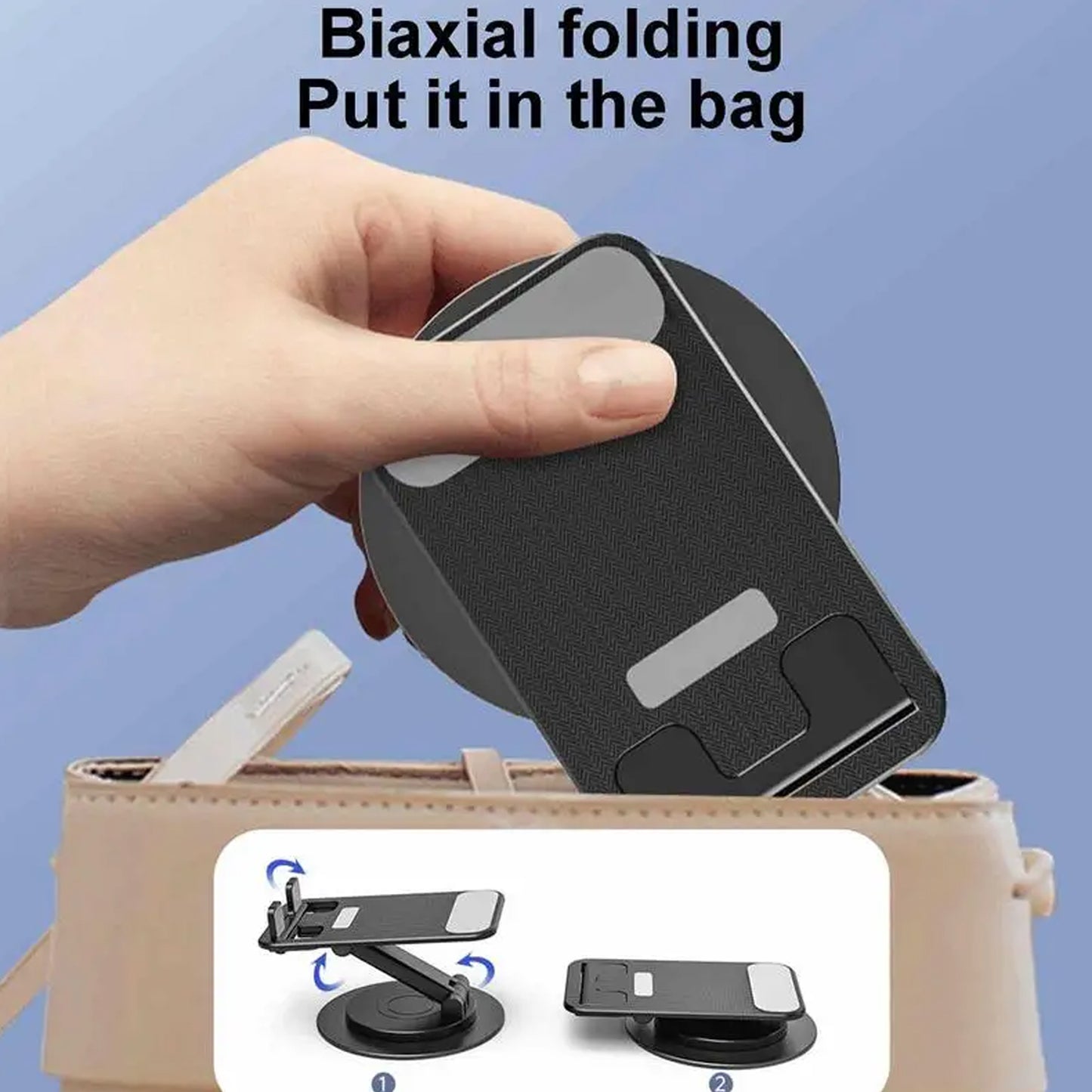 Wukusy rotating foldable mobile phone holder stand with adjustable height and angle, portable for all smartphones on a desk.