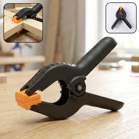 Heavy-duty Wukusy spring clamp showing its strong metal jaws and sturdy construction for securing materials.