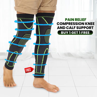 Image of pain relief compression knee and calf support brace, designed to provide stability and comfort during activity.