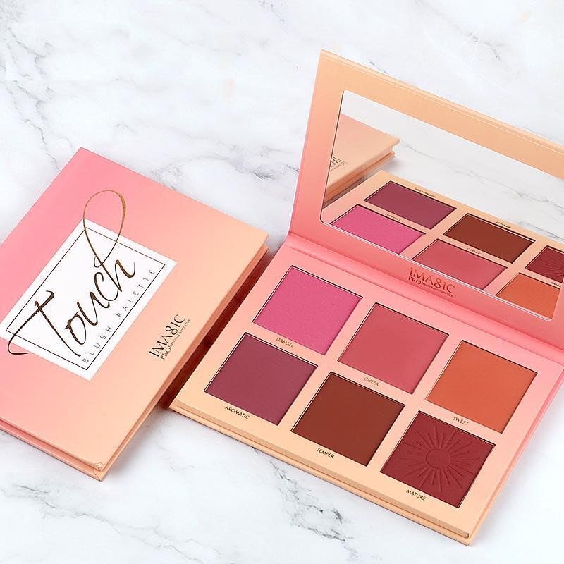 Drpshippr pigmented blushers with six multi-shade options, natural finish, suitable for all skin types, in sleek compact packaging.