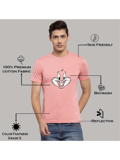 Pink men's cotton printed T-shirt with yellow design and round neck from Drpshippr's men's collection.