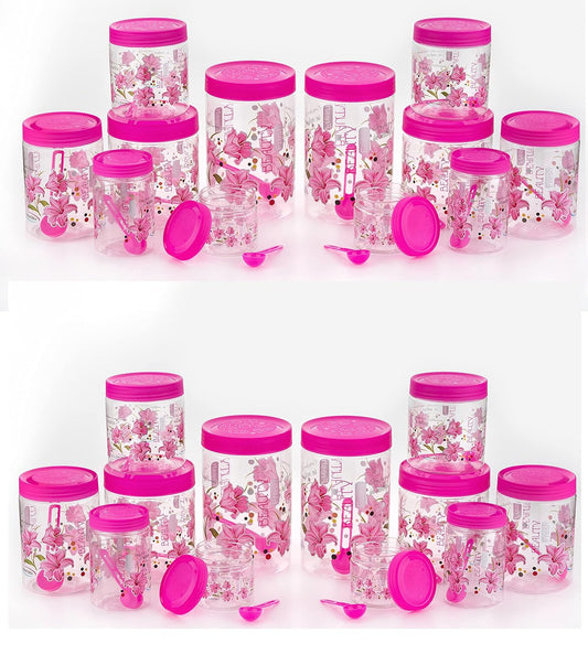 Plastic Airtight Heavy Quality Printed Design Container Set with Spoons with Different Capacities-250ML,350ML,650ML,1250ML-Pink(EACH OF 6,Set of 24)