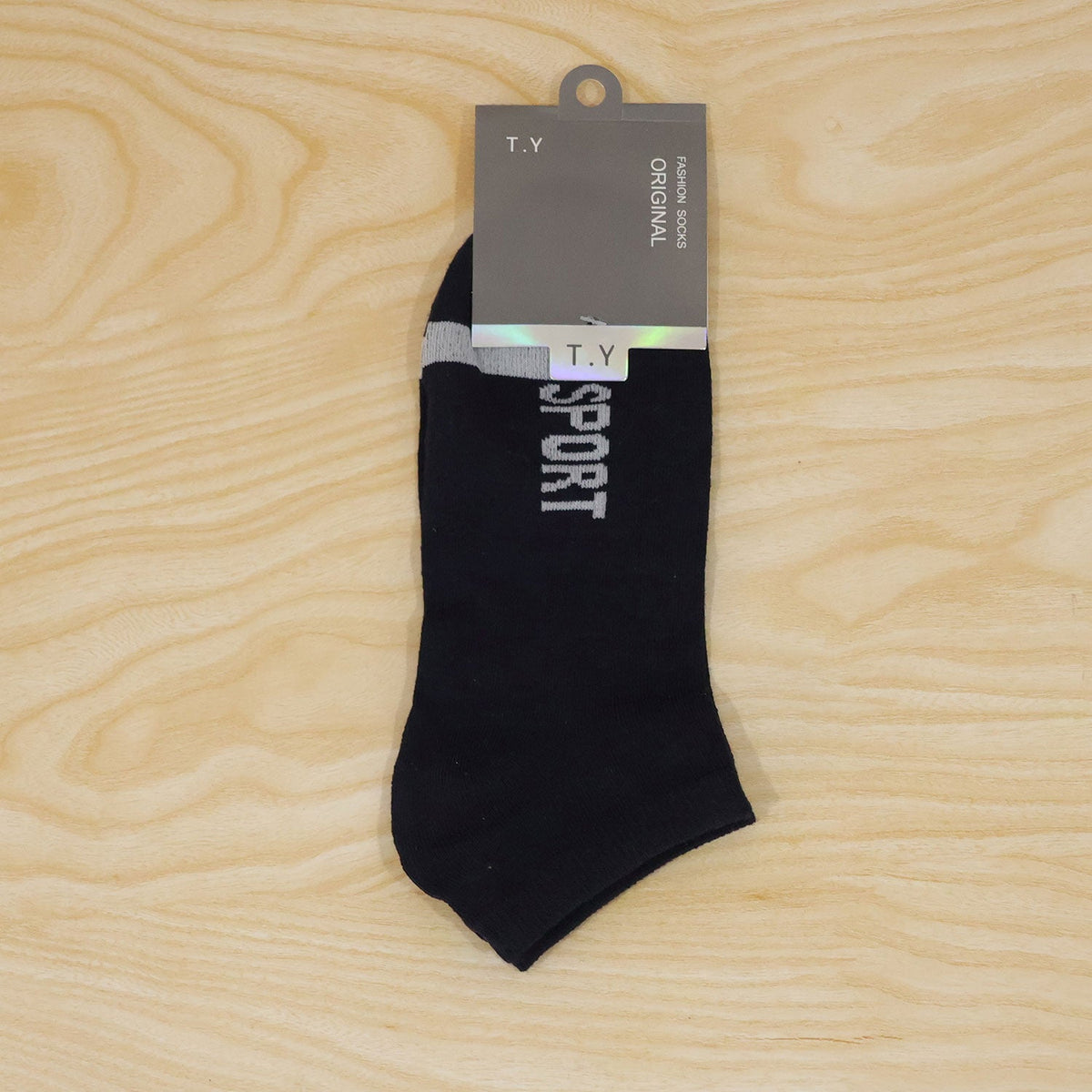 Pair of Wukusy sport print ankle socks, soft stretchable low cut gym and running socks, shown in a close-up view.