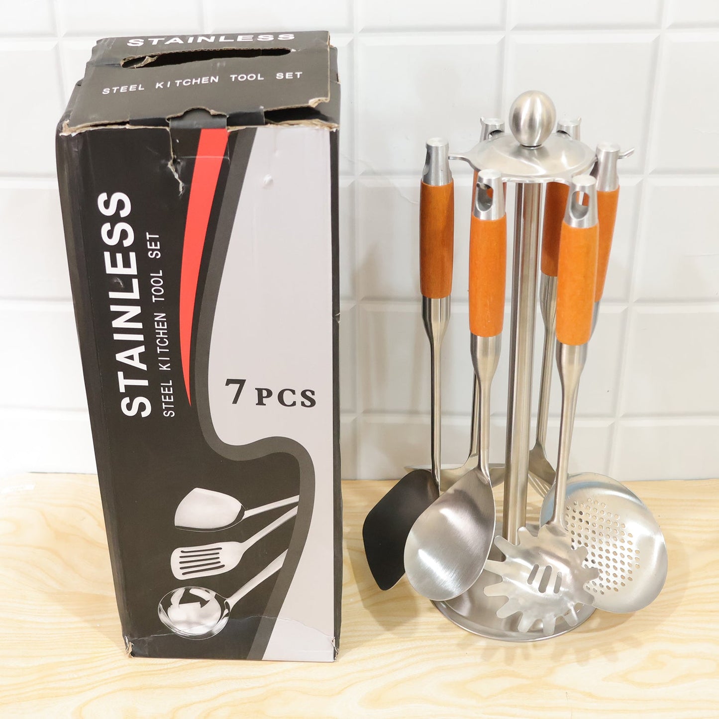 7 In 1 Stainless Steel Kitchen Tool Set With Wooden Handles And Stand (1 Set)