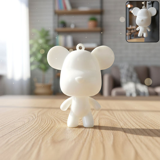 Wukusy cute bear figure keychain hanging from a keyring, made of soft material, detailed bear design, on a white background.