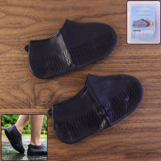 Pair of black Wukusy reusable waterproof silicone rain shoe covers with non-slip soles, small size, designed to protect shoes in wet weather