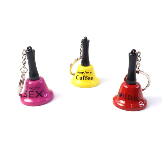 Wukusy mini hand bell with keychain, compact silver metal bell attached to a keyring, small portable accessory with a shiny finish