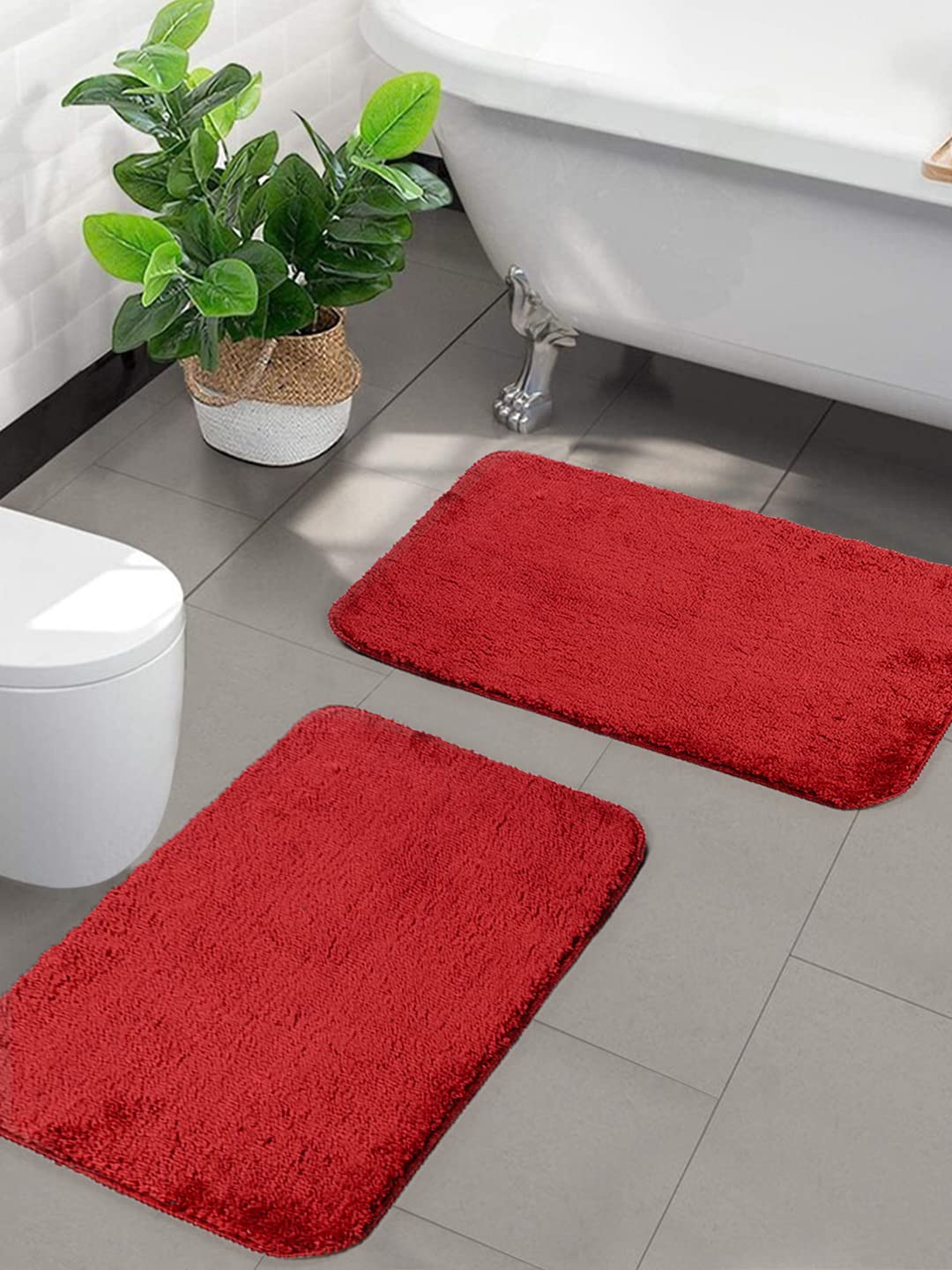 Seasons Microfiber Anti-Skid Bath Mat Pack of 2,Red