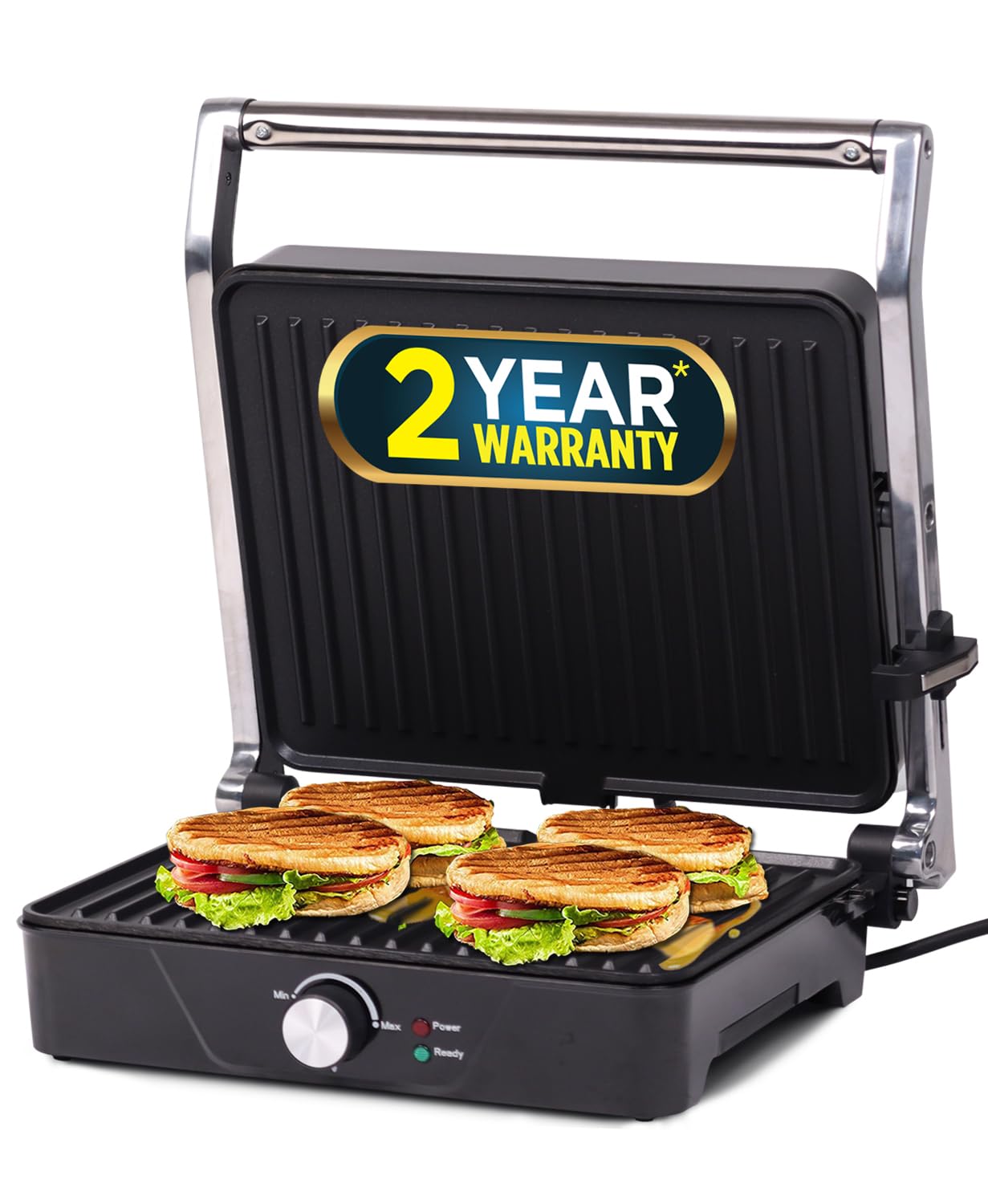 iBELL SM 201G Sandwich Maker, 2000W, Panini Grill, Big Size, Fit 4 Slice Bread Grill (Silver)