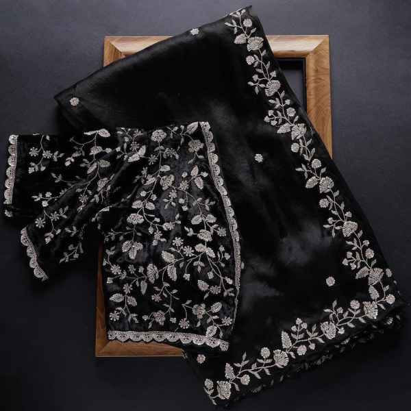 Black Rangoli silk saree with intricate design and matching blouse piece from Drpshippr's women's collection.