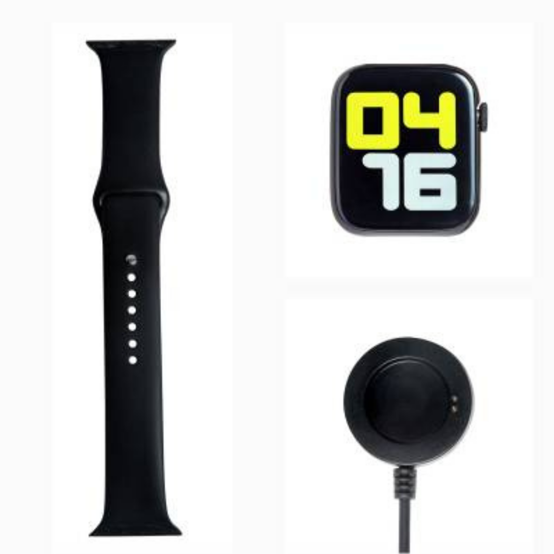 Black Drpshippr T500 Series 6 smartwatch with digital display and fitness tracking features on a white background.