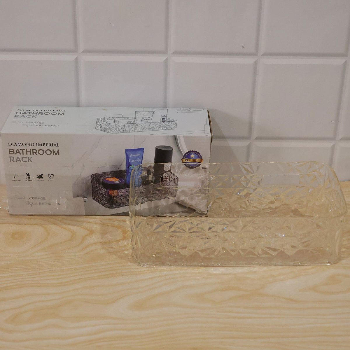 Wukusy diamond design bathroom wall rack for toiletries and cosmetics, mounted on a tiled bathroom wall with toiletries stored on it.