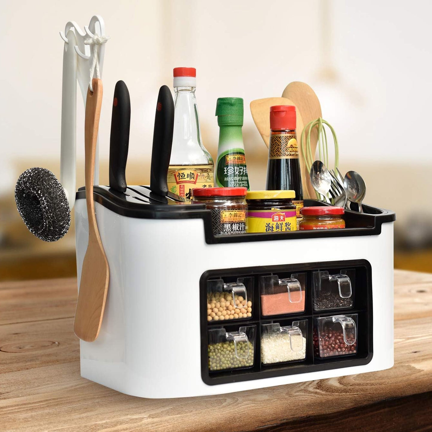 Multifunctional Kitchen Storage Organizer Rack With 6 Spice Containers Knife Spoon Holder And Top Shelf