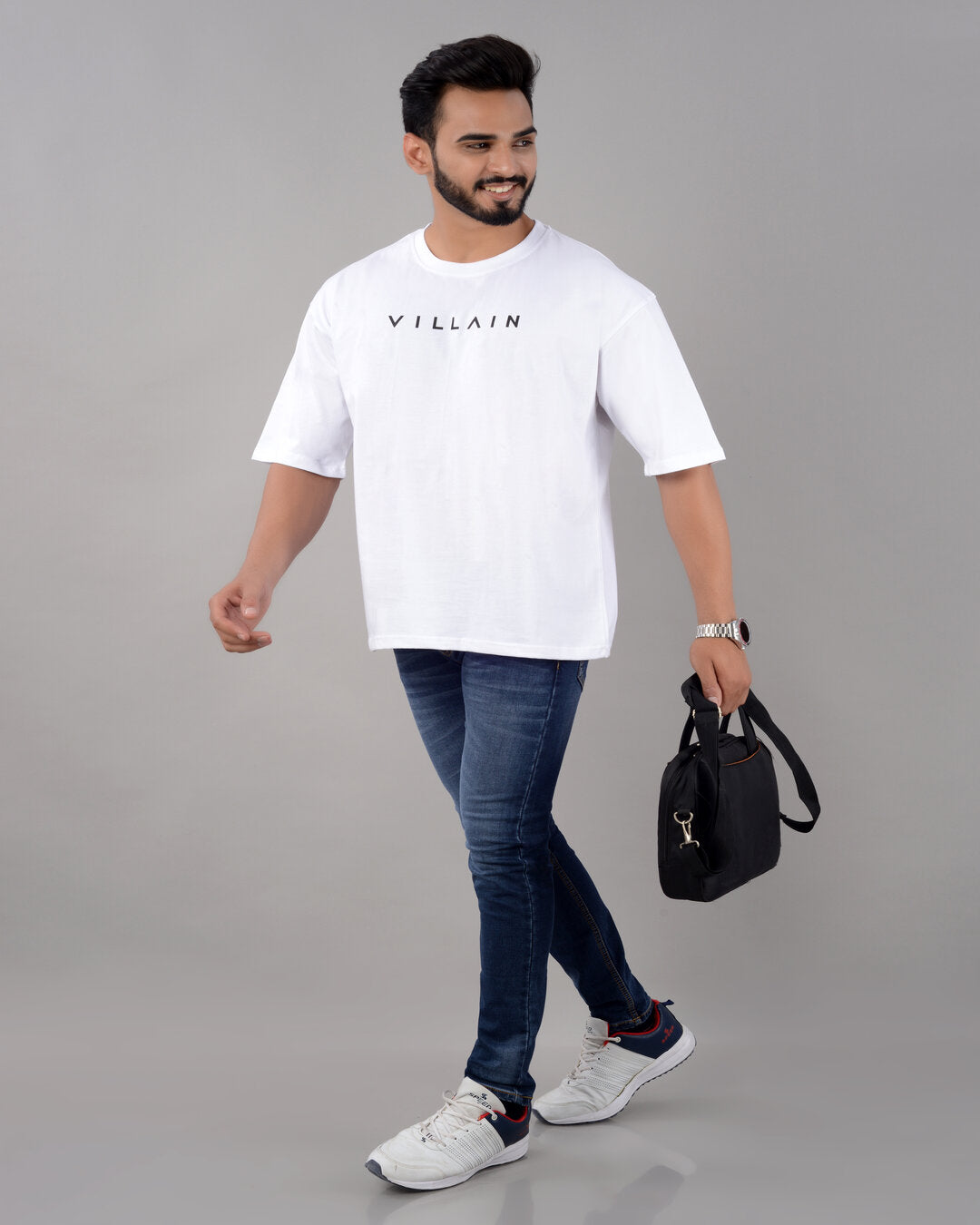 White cotton blend oversized men's T-shirt with drop shoulder and round neck, featuring typography design, available in multiple sizes.