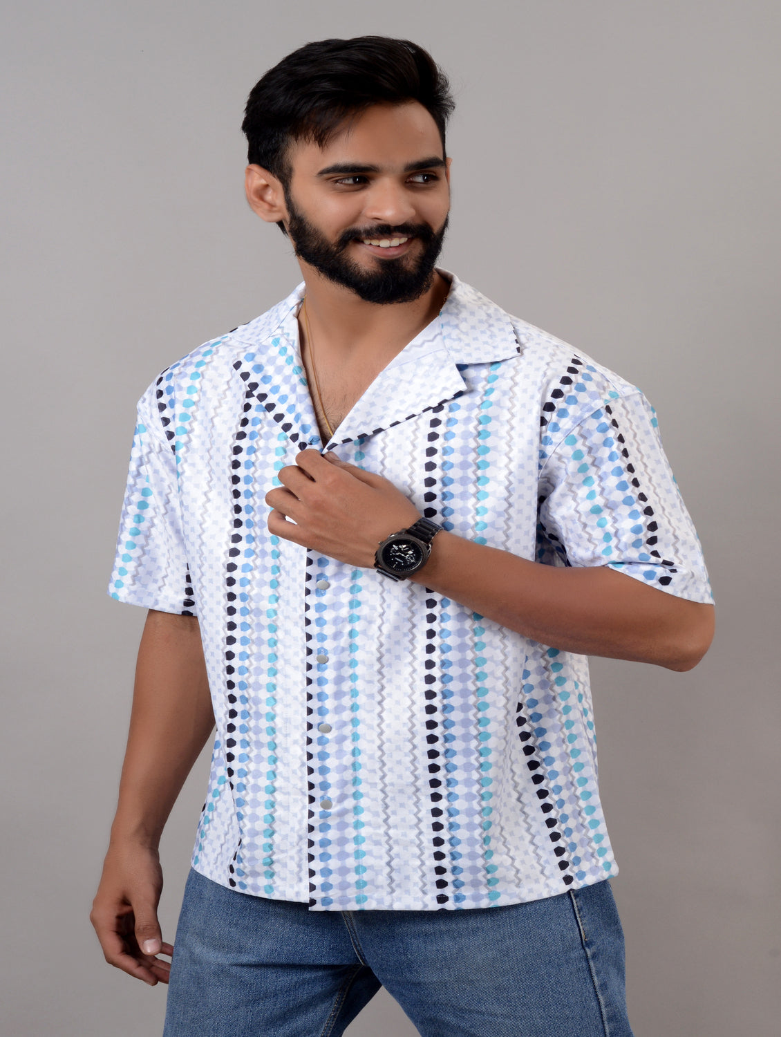 Men's blue cotton blend casual shirt by Drpshippr with print, spread collar, half sleeves, oversized fit in size M, L, XL.