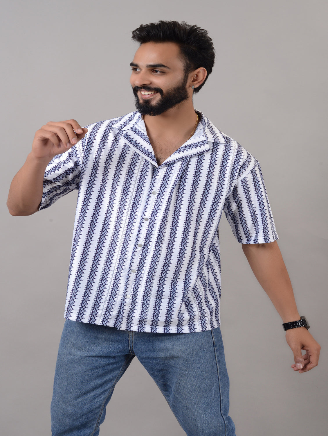 Men's blue cotton blend striped casual shirt with spread collar and half sleeves, oversized fit from Drpshippr Men's Collection.