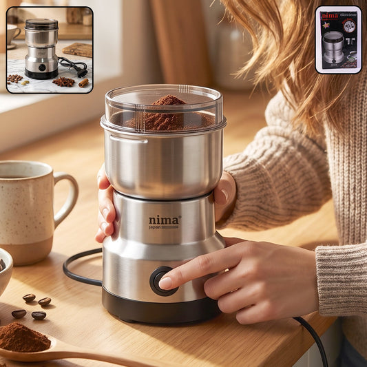 Wukusy Mini Electric Grinder with 150W stainless steel body for coffee, spices, and masala, shown on a kitchen countertop.