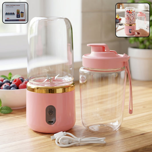 Wukusy portable cordless electric juicer with USB rechargeable, shown on a countertop with fresh fruit and a glass of juice.