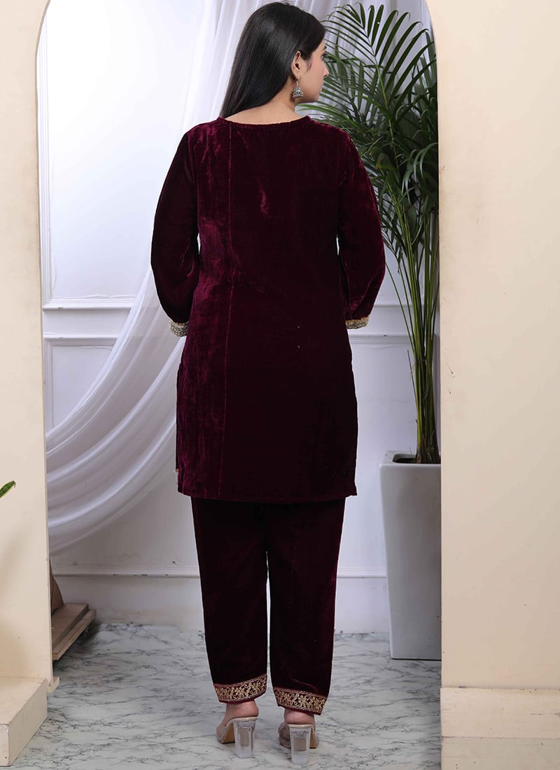 Wine Velvet Embroidered Indowestern Co ord Set Festive Wear