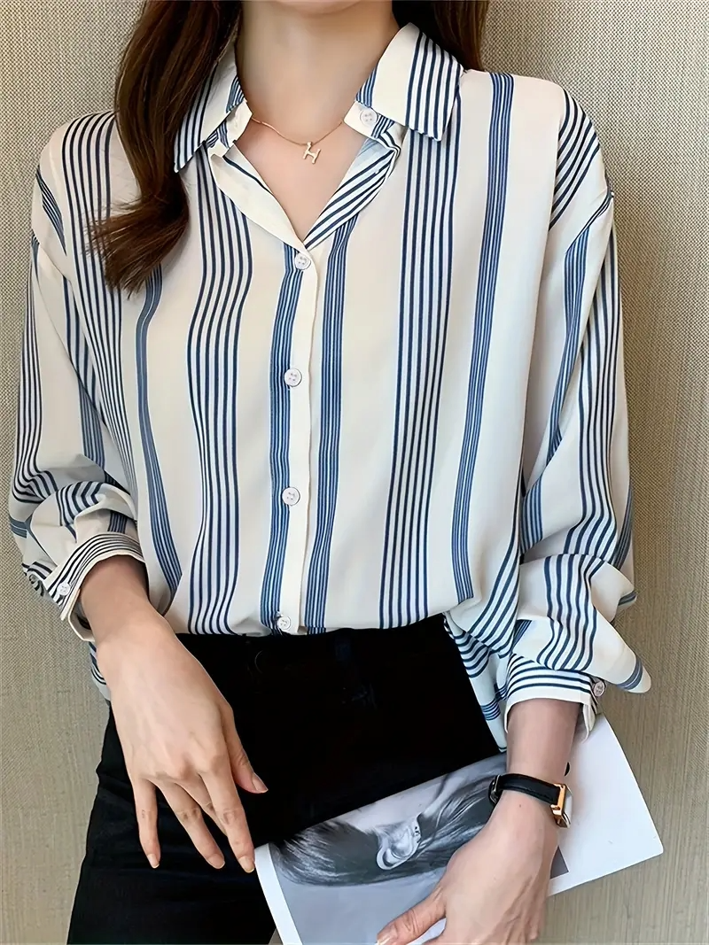 Women wearing a regular fit striped casual shirt with a curved collar from Drpshippr's collection.