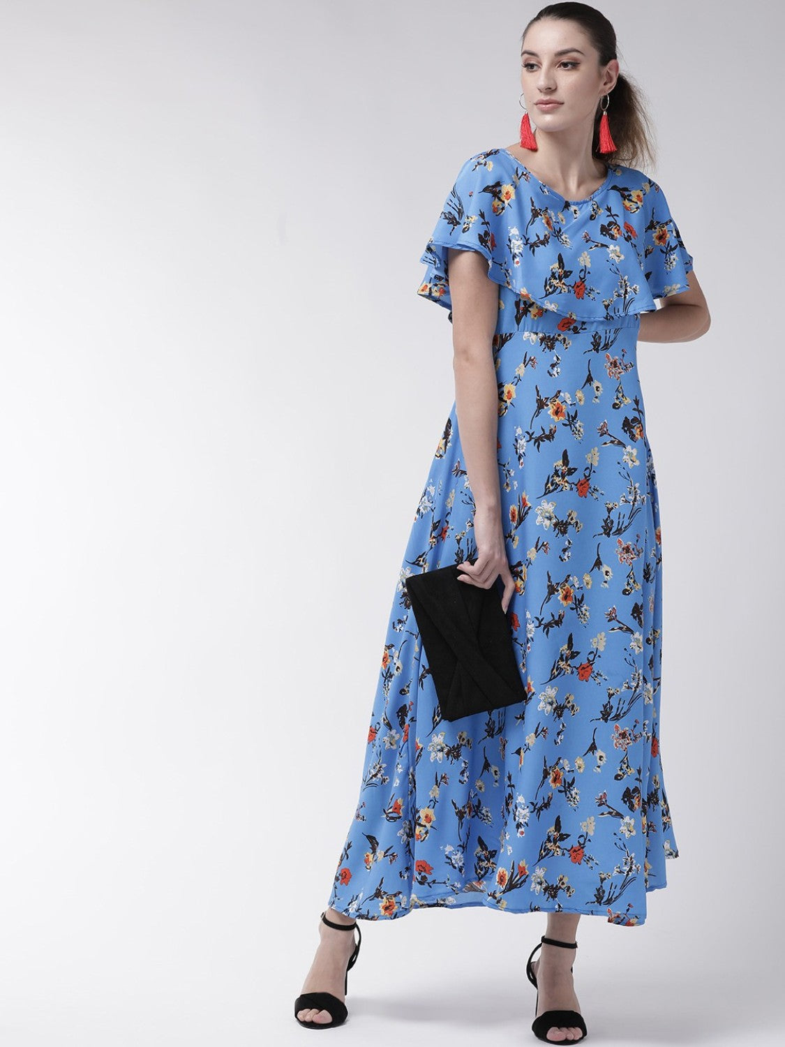 Women wearing a blue cape sleeve maxi dress from Drpshippr's Women's Collection, flowing and elegant for formal occasions.