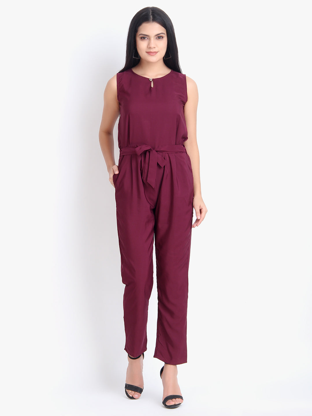 Women casual solid maroon sleeveless crepe jumpsuit from Drpshippr, full-length, stylish and comfortable for everyday wear.