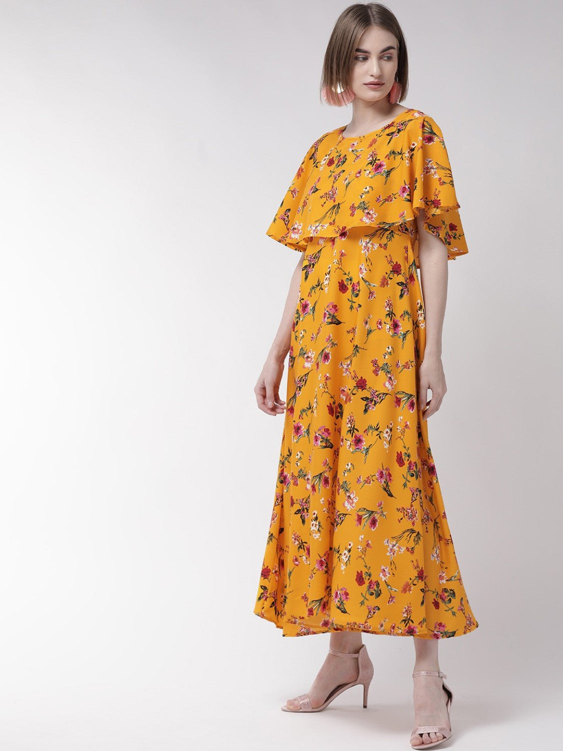 Women’s yellow maxi dress with cape sleeves from Drpshippr’s Women’s Collection, flowing fabric and elegant design.