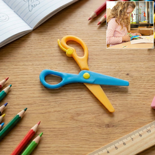 Child-safe plastic safety scissors for kids by Wukusy, featuring rounded edges and bright colors for safe and easy use.