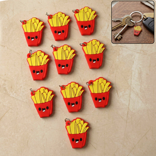Set of 10 Wukusy French fries-shaped bag charm keychains featuring cute, playful design for accessorizing bags and keys.