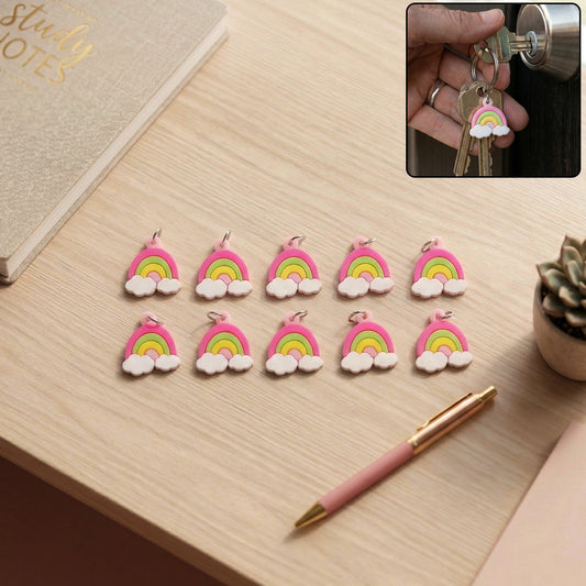 Set of 10 Wukusy rainbow cloud bag charm keychains featuring cute, colorful cloud designs for accessories and bags.