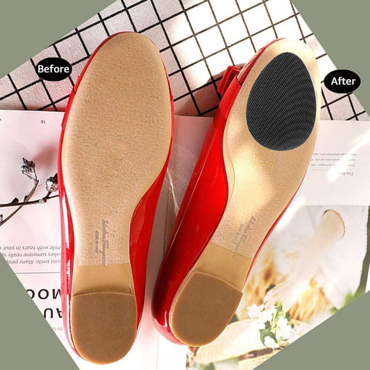Wukusy non-slip rubber shoe pads protect soles, add grip to ladies' high heels and boots, self-adhesive, skid-resistant, one piece.