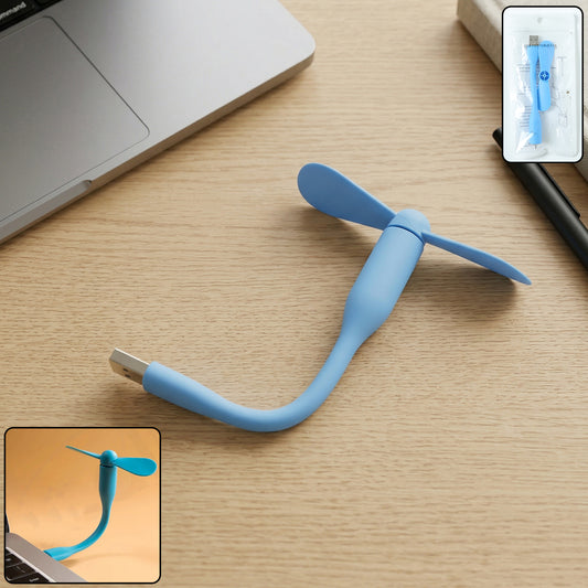 Wukusy portable USB mini flexible fan showing compact design with adjustable blades and flexible neck.