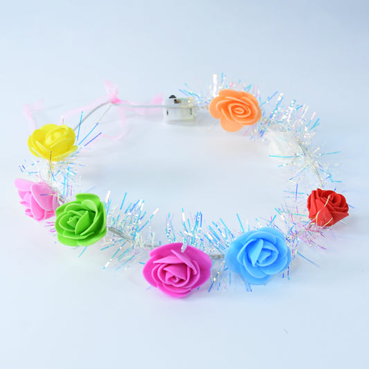 Wukusy LED flower crown headband with multicolor lights, perfect for health care or festive occasions, shown illuminated.