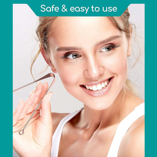 Steel copper tongue cleaner for kids and adults, used for fresh breath, bacteria removal, and maintaining oral hygiene daily.