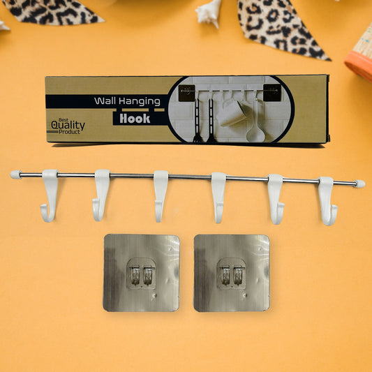 17968 Stainless Steel Utensil Hanger Rail Nail Free Wall Mount With 2 Magic Stickers 6 Plastic Hooks For Kitchen
