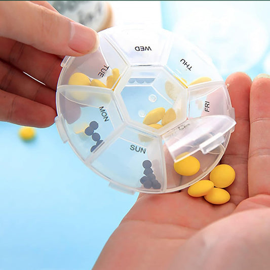 Wukusy 7-sided portable pill box and medicine planner in small case, designed for organized medication storage at home.
