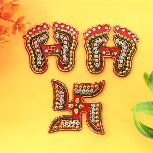 Decorative Wukusy Laxmi Charan and Swastik combo set, 3-piece home decor for auspicious home improvement.