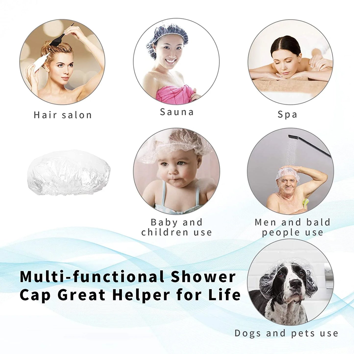 Disposable Wukusy shower cap for women, waterproof, larger, thick plastic with elastic, individually wrapped for hotel, spa, or home use.